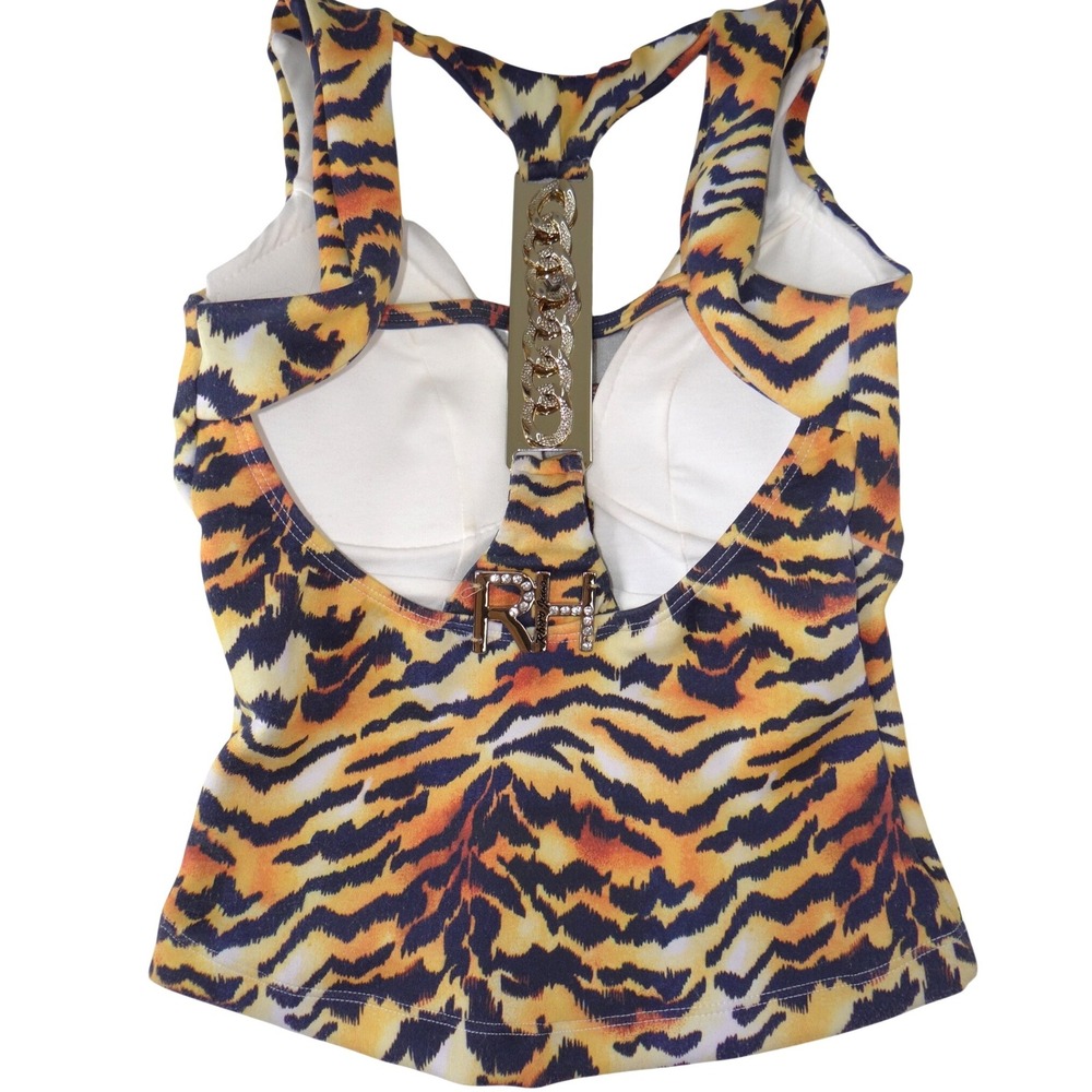 Rare Rhero Jeans Womens Tiger Print Tank Top Rhinestone Gold Hardware Racerback - Picture 3 of 8